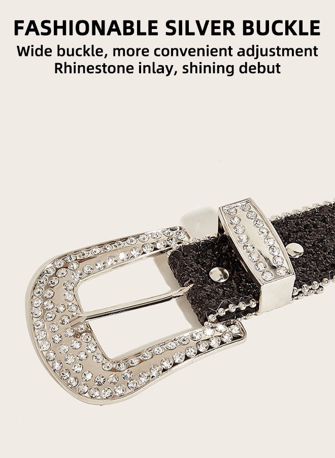حزام نسائي مرصع بأحجار الراين، حزام من الجلد الصناعي الغربي اللامع من قماش الدنيم Y2K، مناسب للجينز، أسود 113 سم - Image 3