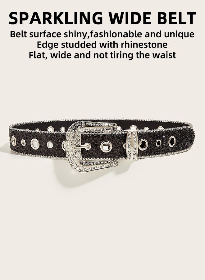 حزام نسائي مرصع بأحجار الراين، حزام من الجلد الصناعي الغربي اللامع من قماش الدنيم Y2K، مناسب للجينز، أسود 113 سم - Image 2