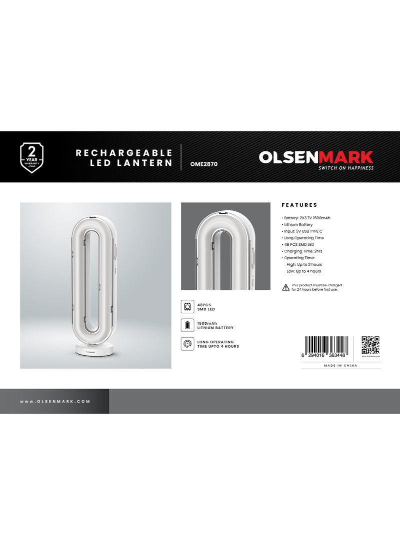 فانوس أولسن مارك القابل لإعادة الشحن LED OME2870 | 48 LED SMD، بطاريتين 1500mAh مزدوجتين، وضعين للإضاءة | شحن USB Type-C، إضاءة محمولة داخلية وخارجية | أبيض، ضمان لمدة عامين