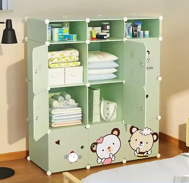 EXVITO Kids Portable DIY Cartoon Giraffe Wardrobe | Multi-Shelf Foldable Almirah for Baby Clothes Storage | 9+3 Door Plastic Kids Cupboard with Hanging Space & Drawers | Storage Organizer - Dyno Green - Image 4