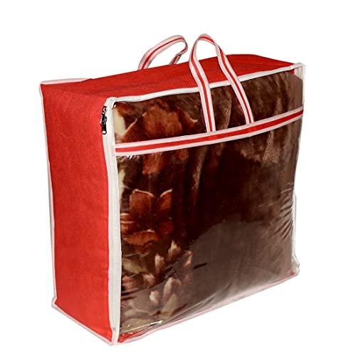 AARON INC Presents Non Woven Blanket Storage Bag With Front Handle Large Transparent Clear Window Large Size Storage Bag Cover Under Bed Storage (Red Pack of 1) - Image 4
