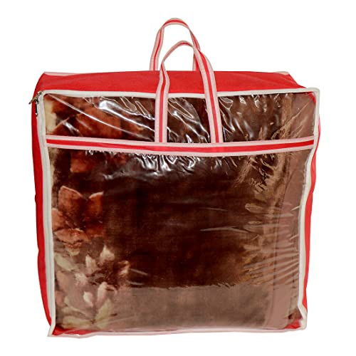 AARON INC Presents Non Woven Blanket Storage Bag With Front Handle Large Transparent Clear Window Large Size Storage Bag Cover Under Bed Storage (Red Pack of 1) - Image 2