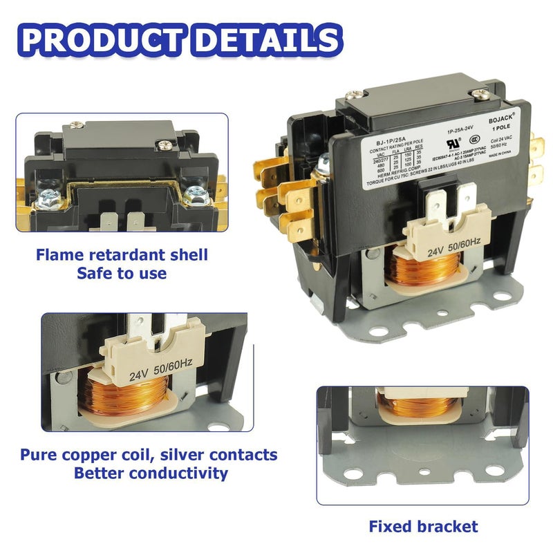 BOJACK 1 Poles FLA 25 Amp Coil 24 VAC Air Conditioner Condenser Compressor Contactor AC Definite Purpose Contactor - Image 5