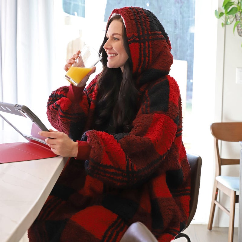 Catalonia Catalonia Red Plaid Oversized Wearable Blanket Hoodie Sweatshirt  Comfortable Sherpa Lounging Pullover for Adults Men Women Wife Girlfriend  Gift for Her  - Image 3