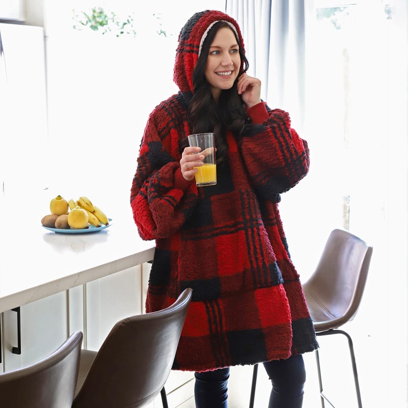 Catalonia Catalonia Red Plaid Oversized Wearable Blanket Hoodie Sweatshirt  Comfortable Sherpa Lounging Pullover for Adults Men Women Wife Girlfriend  Gift for Her  - Image 2