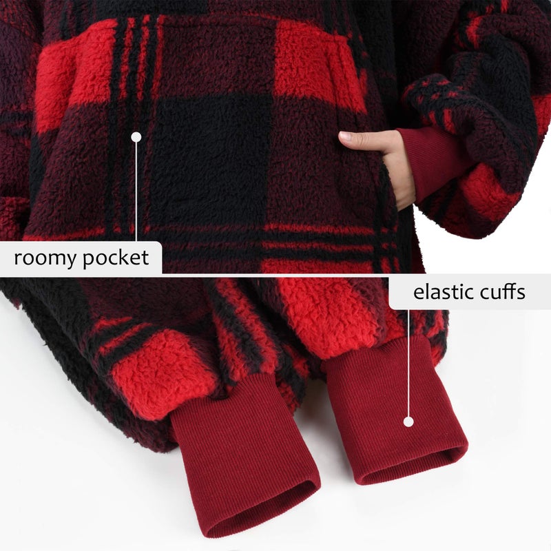 Catalonia Catalonia Red Plaid Oversized Wearable Blanket Hoodie Sweatshirt  Comfortable Sherpa Lounging Pullover for Adults Men Women Wife Girlfriend  Gift for Her  - Image 5