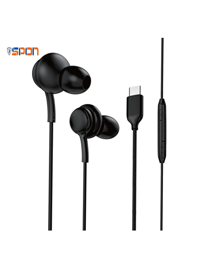 سبون سماعات أذن سلكية بمنفذ Type-C، صوت ستيريو محيطي، ميكروفون مدمج، كابل مقاوم للتشابك، مناسبة للهواتف الداعمة للتايب سي - Image 2