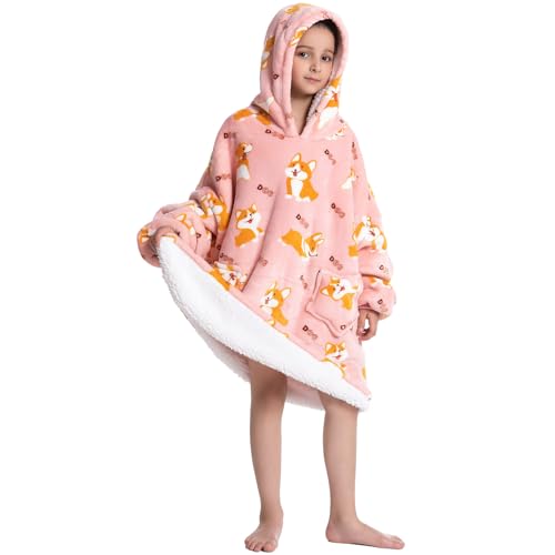 DESERT HOME Deserthome Wearable Blanket Hoodie for Kids 6-12YR Oversized Animal Hooded Blanket Super Soft Comfortable Warm Flannel Pink Corgi - Image 3