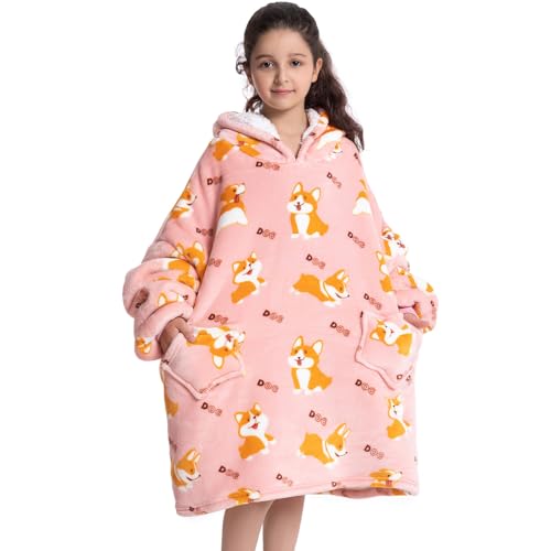 DESERT HOME Deserthome Wearable Blanket Hoodie for Kids 6-12YR Oversized Animal Hooded Blanket Super Soft Comfortable Warm Flannel Pink Corgi - Image 5