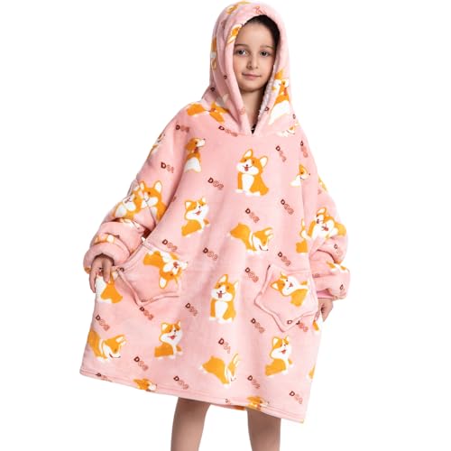 DESERT HOME Deserthome Wearable Blanket Hoodie for Kids 6-12YR Oversized Animal Hooded Blanket Super Soft Comfortable Warm Flannel Pink Corgi - Image 2