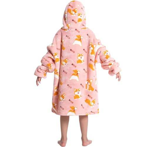 DESERT HOME Deserthome Wearable Blanket Hoodie for Kids 6-12YR Oversized Animal Hooded Blanket Super Soft Comfortable Warm Flannel Pink Corgi - Image 4