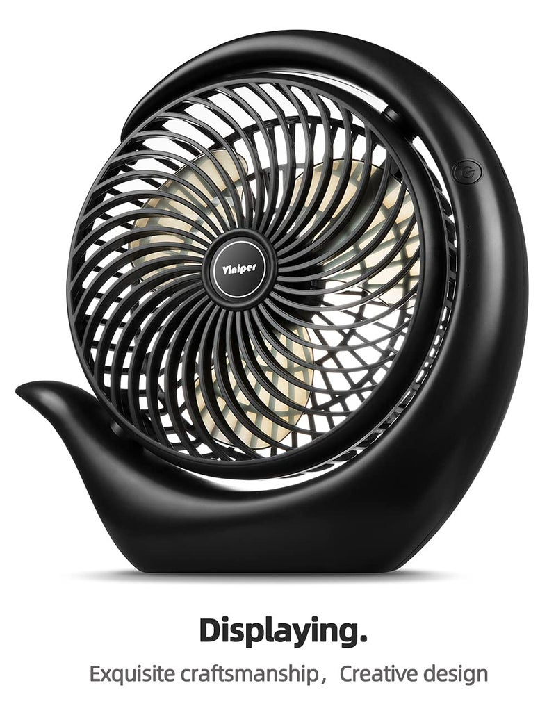Viniper 8.7 inch Portable Rechargeable Fan, Small Table Fan : 180 Rotation and 3 Speeds Strong Wind Quiet Desk Fan, Long Working Hours for Home Outdoor (Black, Light Black Blade) - Image 2