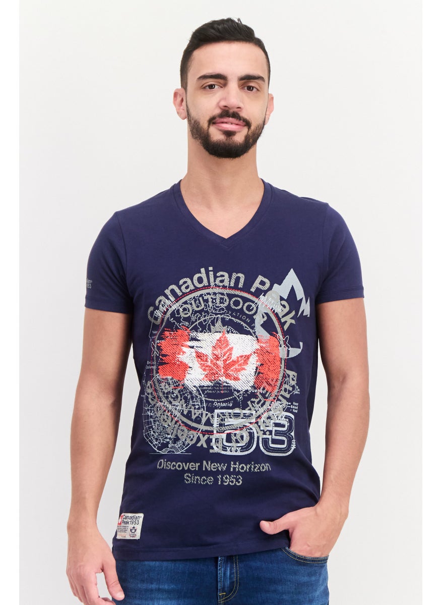 Canadian Peak - Men V Neck Short Sleeves Embroidered T-Shirts, Navy Combo - Image 1