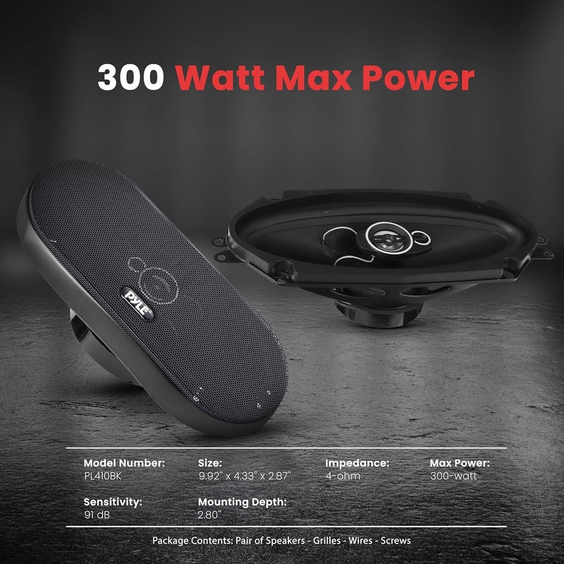 Pyle 3-Way Universal Car Stereo Speakers - 300W 4" x 10" Triaxial Loud Pro Audio Car Speaker Universal OEM Quick Replacement Component Speaker Vehicle Door/Side Panel Mount Compatible, PL410BK (Pair) - Image 4