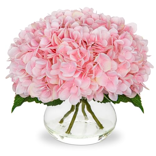 Hollyone Hydrangea Artificial Flowers with Glass Vase Pink Silk Faux Flowers Arrangements with Clear Faux Water Fake Floral Bulk Bouquet for Home Decor Table Centerpiece Decorations - Image 1