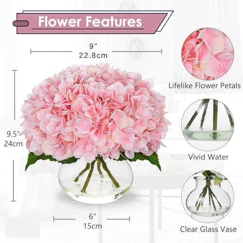 Hollyone Hydrangea Artificial Flowers with Glass Vase Pink Silk Faux Flowers Arrangements with Clear Faux Water Fake Floral Bulk Bouquet for Home Decor Table Centerpiece Decorations - Image 3