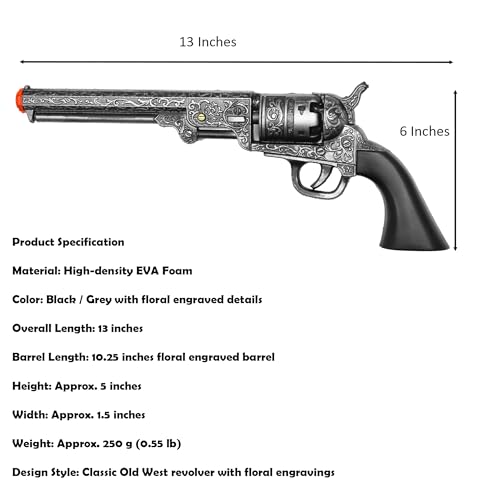 LALAPORT 13Inch Decorative Western Classic Revolver Style Body SMB110 with Ornate Engravings Suitable for Decoration Collecting Costuming and Cosplay RolePlaying Halloween Gray - Image 5