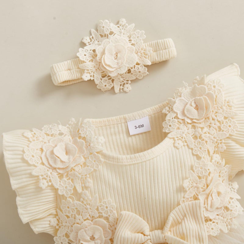 Douhoow Baby Girl Romper Dress Baby Dress Romper Flowers Lace Infant Girl Spring Summer Clothes with Headband (Khaki, 0-3 Months) - Image 5