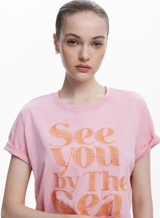 DESIGUAL Pink Message T-Shirt