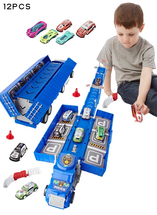 لعبة شاحنة سباق سيارات مع فتحات ومسارات سباق قابلة للطي، لعبة حاملة سيارات نقل للأطفال الصغار، مجموعة ألعاب سيارات، لعبة شاحنة حاوية مع 12 سيارة من السبائك المعدنية، مجموعة ألعاب للأطفال من 3 سنوات فما فوق، أولاد وبنات - Image 1