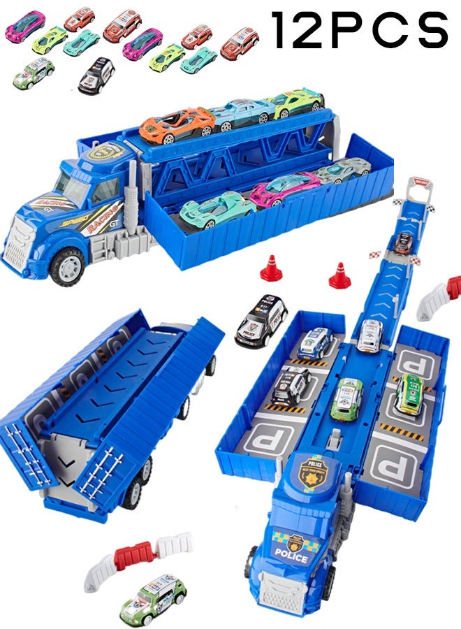لعبة شاحنة سباق سيارات مع فتحات ومسارات سباق قابلة للطي، لعبة حاملة سيارات نقل للأطفال الصغار، مجموعة ألعاب سيارات، لعبة شاحنة حاوية مع 12 سيارة من السبائك المعدنية، مجموعة ألعاب للأطفال من 3 سنوات فما فوق، أولاد وبنات - Image 1