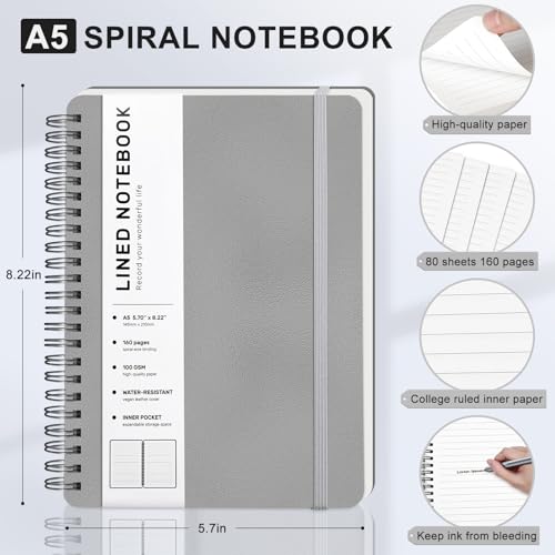 ABERLLS Gray Lined Spiral Journal Notebook with 160 Pages, 8×5.7in, A5 Spiral Notebook, Journaling Notebooks for Work, School, Women, Men, College Ruled Spiral Notebook, Hardcover Leather Journals - Image 2