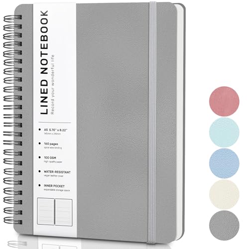 ABERLLS Gray Lined Spiral Journal Notebook with 160 Pages, 8×5.7in, A5 Spiral Notebook, Journaling Notebooks for Work, School, Women, Men, College Ruled Spiral Notebook, Hardcover Leather Journals - Image 1