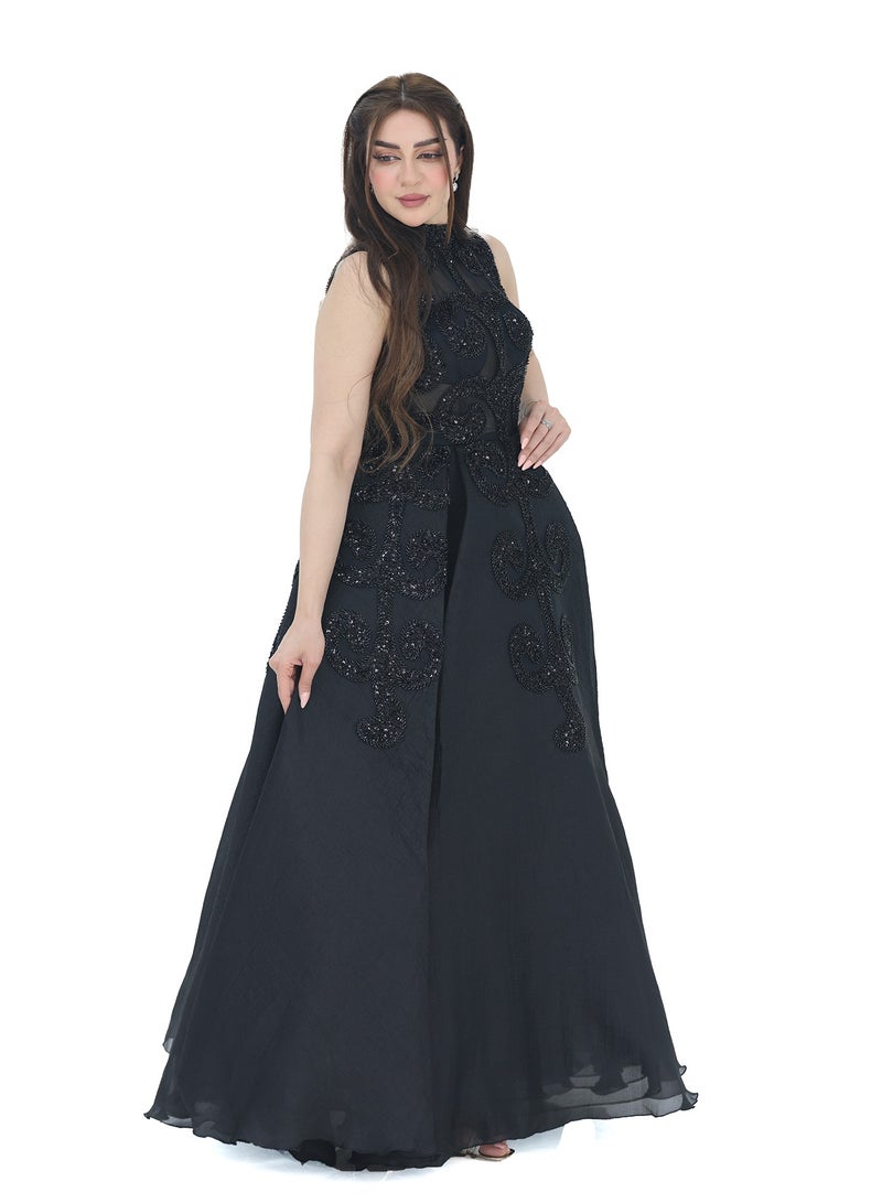 Modern Design A luxurious black evening dress made of Aqinza material. The dress is designed with a high collar and embroidery in the shape of a luxurious tree. A royal cut that highlights the beauty of the figure  - Image 2