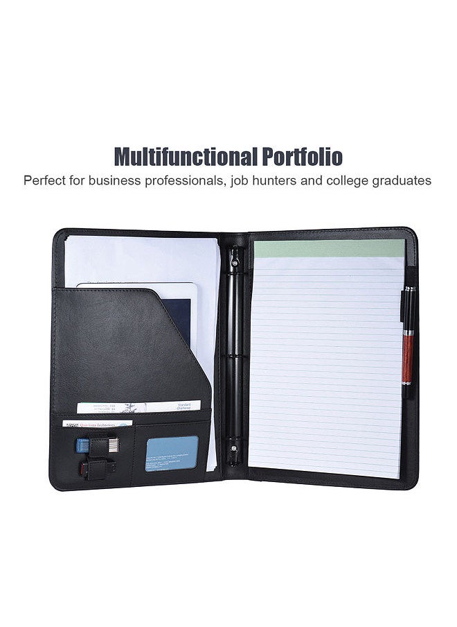 Professional Business Portfolio Padfolio Folder Document Case Organizer A4 PU Leather with Business Card U Flash Disk Holder Memo Note Pad Loose-leaf Loop