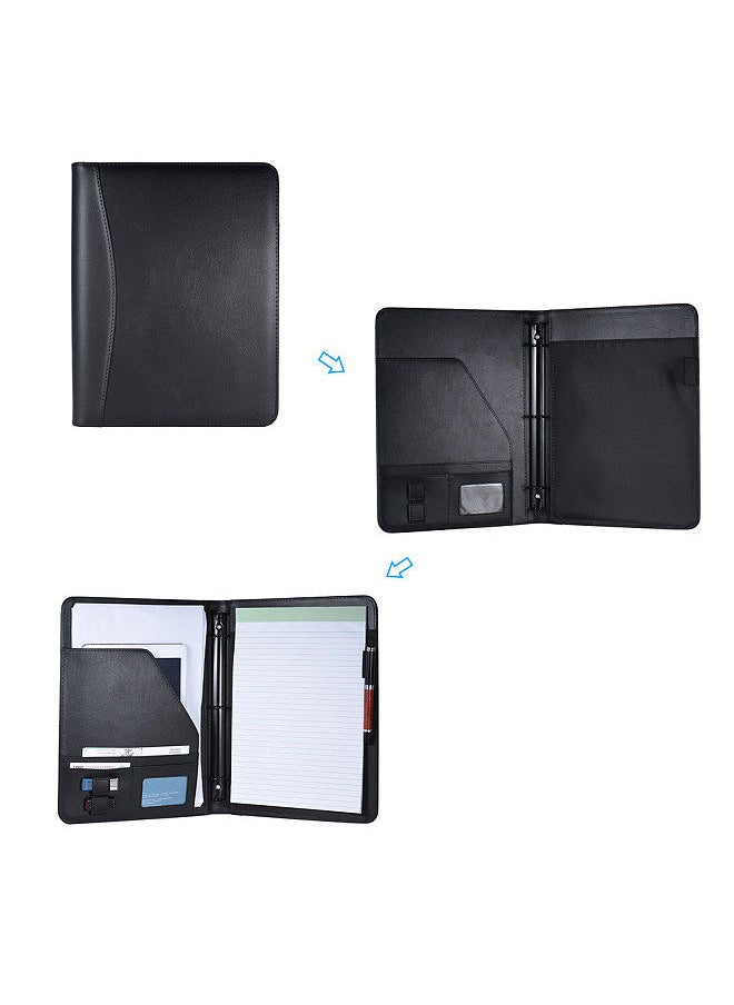 Professional Business Portfolio Padfolio Folder Document Case Organizer A4 PU Leather with Business Card U Flash Disk Holder Memo Note Pad Loose-leaf Loop