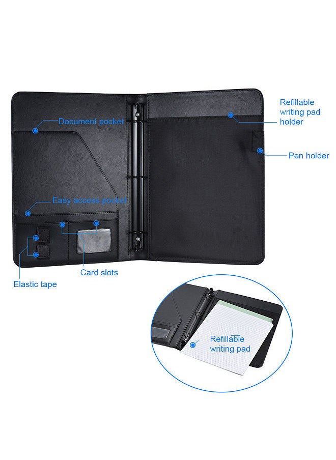 Professional Business Portfolio Padfolio Folder Document Case Organizer A4 PU Leather with Business Card U Flash Disk Holder Memo Note Pad Loose-leaf Loop