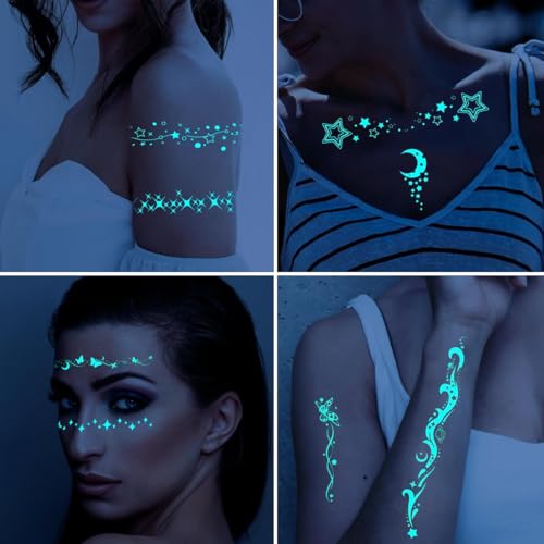 MAYCREATE® 4 Sheets Temporary Tattoos For Women Girls Luminous Star Crescent Moon Clavicle Neck Butterfly Planet Fake Necklace Glow In The Dark Tattoo Sticker Night Glitter Party Supply - Image 5