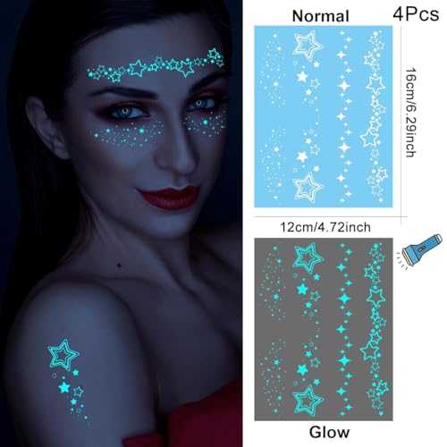 MAYCREATE® 4 Sheets Temporary Tattoos For Women Girls Luminous Star Crescent Moon Clavicle Neck Butterfly Planet Fake Necklace Glow In The Dark Tattoo Sticker Night Glitter Party Supply - Image 2