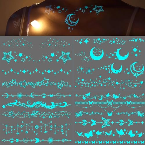 MAYCREATE® 4 Sheets Temporary Tattoos For Women Girls Luminous Star Crescent Moon Clavicle Neck Butterfly Planet Fake Necklace Glow In The Dark Tattoo Sticker Night Glitter Party Supply - Image 1