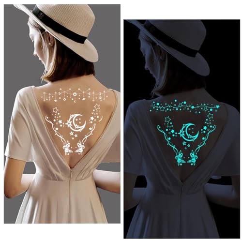 MAYCREATE® 4 Sheets Temporary Tattoos For Women Girls Luminous Star Crescent Moon Clavicle Neck Butterfly Planet Fake Necklace Glow In The Dark Tattoo Sticker Night Glitter Party Supply - Image 4