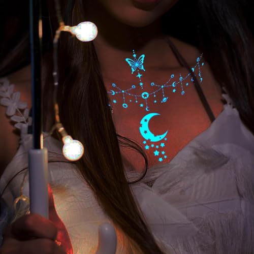 MAYCREATE® 4 Sheets Temporary Tattoos For Women Girls Luminous Star Crescent Moon Clavicle Neck Butterfly Planet Fake Necklace Glow In The Dark Tattoo Sticker Night Glitter Party Supply - Image 3