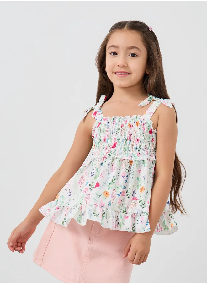 ستايلي Styli Girls Floral Print Smocked Blouse with Tie-Sleeves