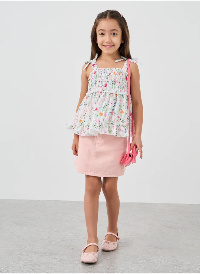 ستايلي Styli Girls Floral Print Smocked Blouse with Tie-Sleeves
