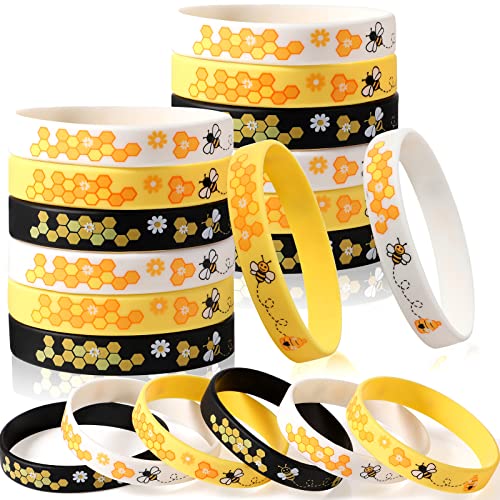 Threan Bee Silicone Bracelets Bulk Honeybee Rubber Wristbands Pack for World Bee Day Easter Basket Stuffers Birthday Spring Summer Party Favors Decorations Gifts for Bags48 Pieces - Image 1
