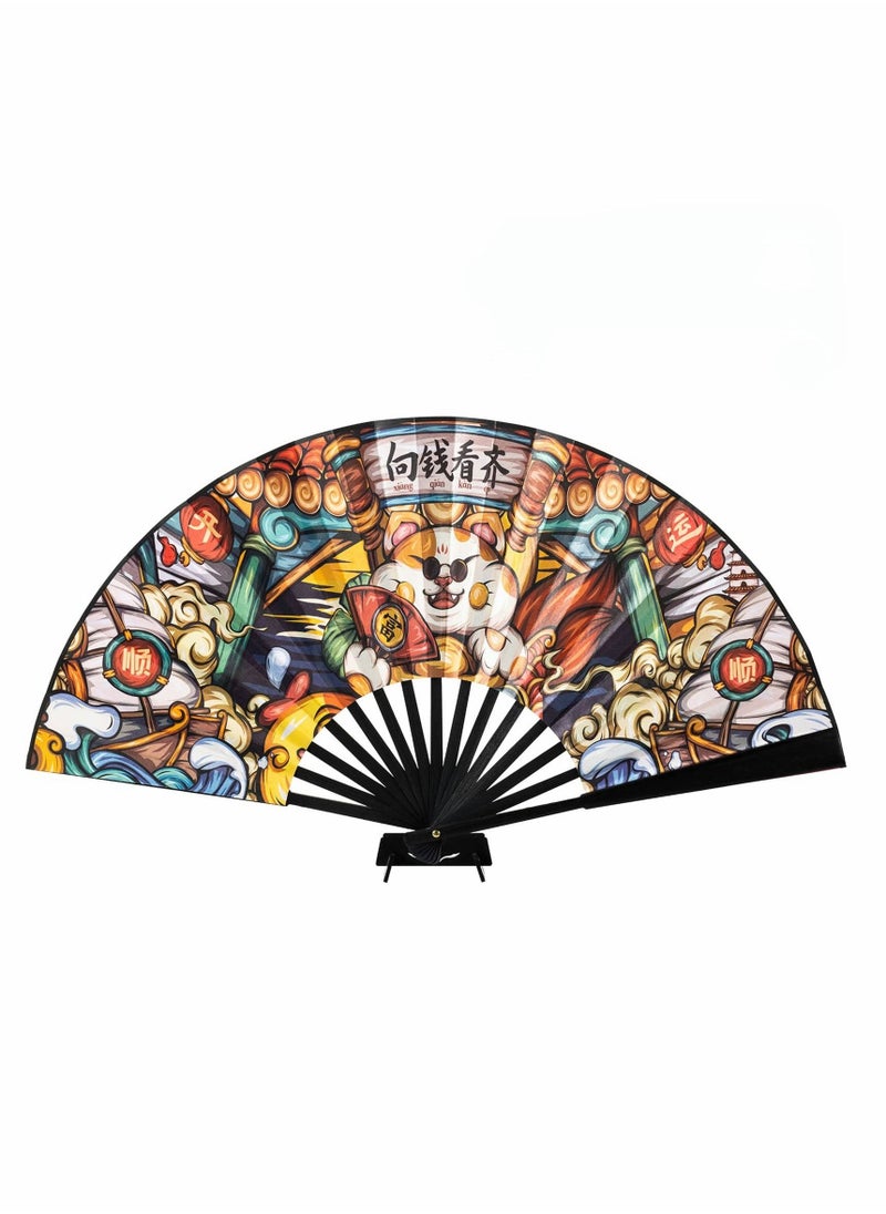 13" Large Folding Hand Rave Fan for Women/Men, Chinese Kung Fu Tai Chi Bamboo and Nylon-Cloth Foldable Held Fan with Fan Bracket for Party,Drag Queen,Decorations and Festival Gifts (Lucky Cat)  - Image 1
