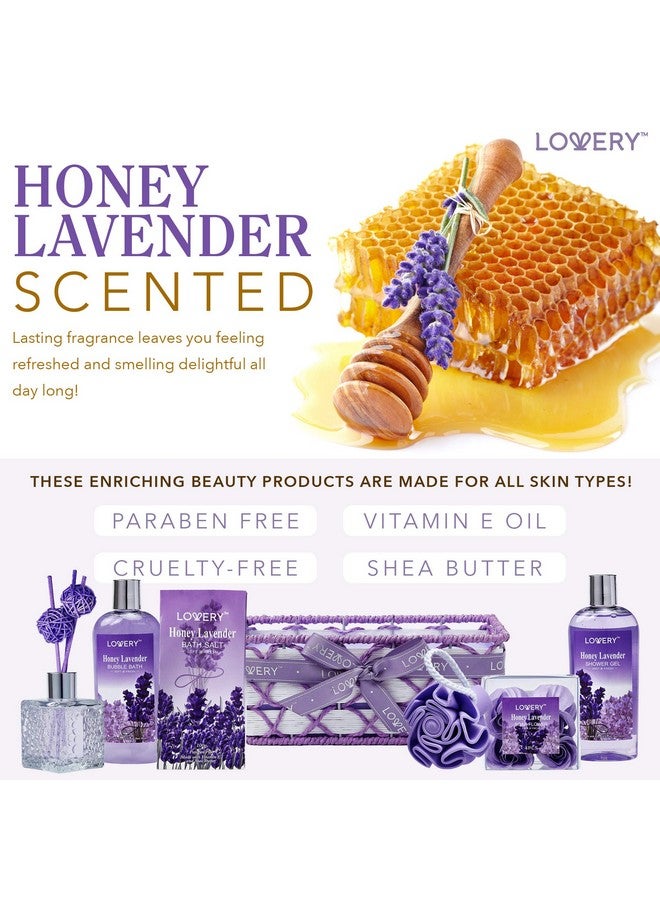 LOVERY Bath And Body Gift Basket For Women And Men Honey Lavender Home Spa Set With Essential Oil Diffuser Soap Flowers Bath Salts Bubble Bath & More 13 Piece Set Presents For Mom - Image 5