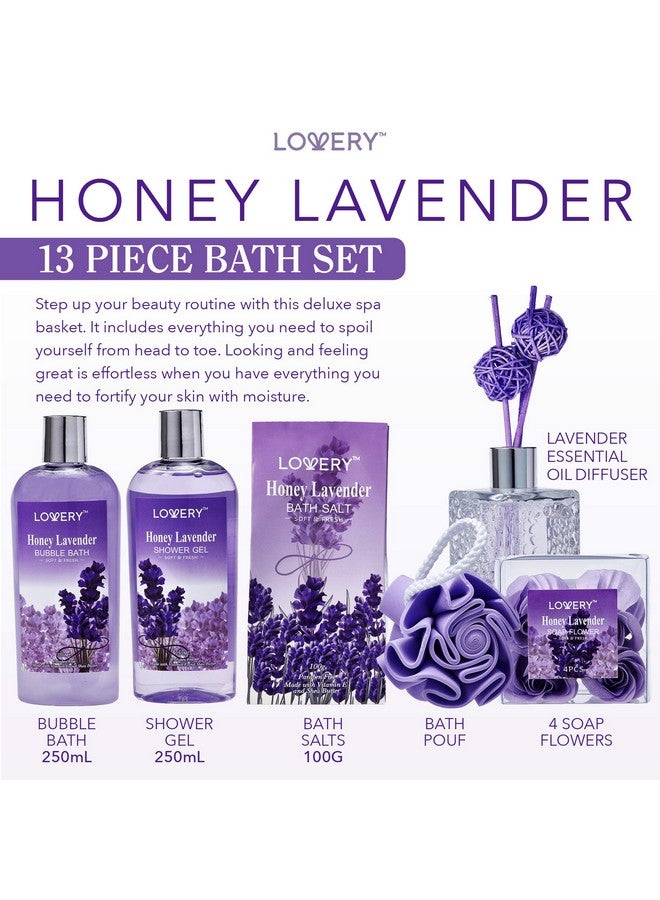 LOVERY Bath And Body Gift Basket For Women And Men Honey Lavender Home Spa Set With Essential Oil Diffuser Soap Flowers Bath Salts Bubble Bath & More 13 Piece Set Presents For Mom - Image 3