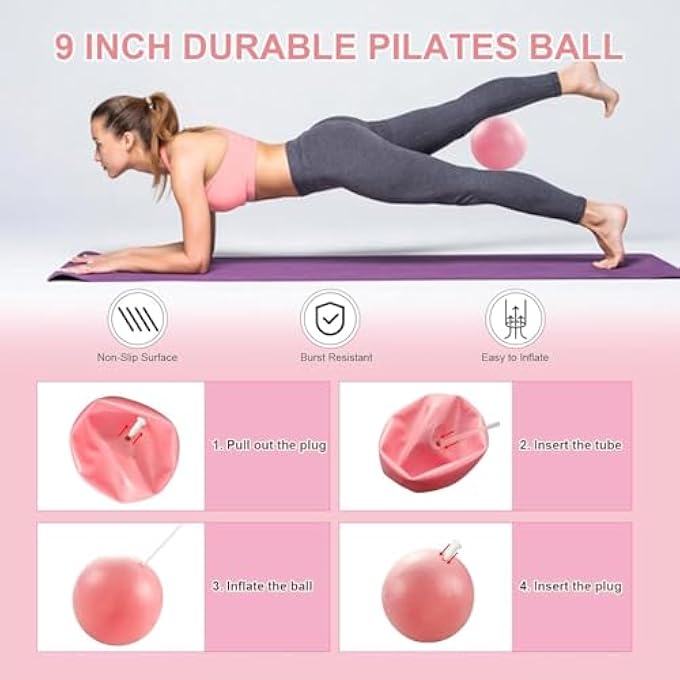 rayihni مجموعة حلقة بيلاتس 11 قطعة، حلقة يوغا سحرية، كرة بيلاتس، أوزان كاحل ومعصم قابلة للتعديل، أحزمة مقاومة، شريط قياس، ملحقات معدات بيلاتس للتمارين المنزلية للنساء يوغا - Image 5