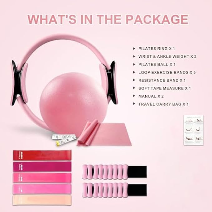 rayihni مجموعة حلقة بيلاتس 11 قطعة، حلقة يوغا سحرية، كرة بيلاتس، أوزان كاحل ومعصم قابلة للتعديل، أحزمة مقاومة، شريط قياس، ملحقات معدات بيلاتس للتمارين المنزلية للنساء يوغا - Image 4