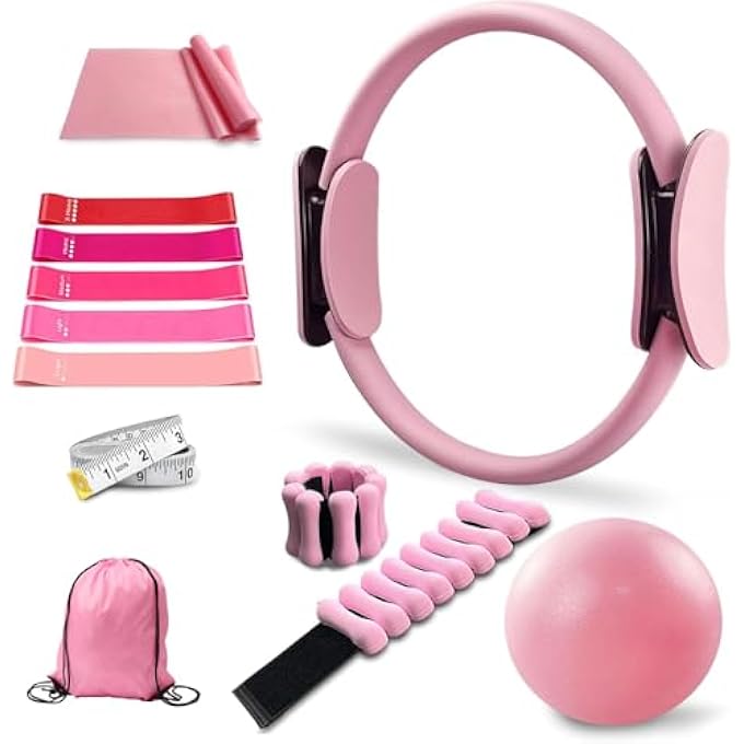 rayihni مجموعة حلقة بيلاتس 11 قطعة، حلقة يوغا سحرية، كرة بيلاتس، أوزان كاحل ومعصم قابلة للتعديل، أحزمة مقاومة، شريط قياس، ملحقات معدات بيلاتس للتمارين المنزلية للنساء يوغا - Image 1