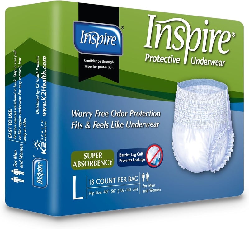 Inspire Protective Underwear for Men and Women | Adult Diapers Women and Men Large | Bowel Incontinence Underwear for Women and Men | Disposable Underwear for Women and Men (Large)