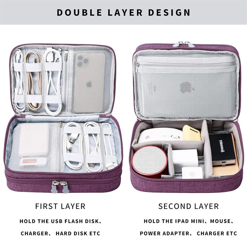 Lanola Travel Cable Organizer Bag, Electronic Accessories Case Portable Double Layer Cable Storage Bag for Cord,phone,Charger, Flash Drive, Phone, SD Card,Personal Items - (Purple) - Image 3