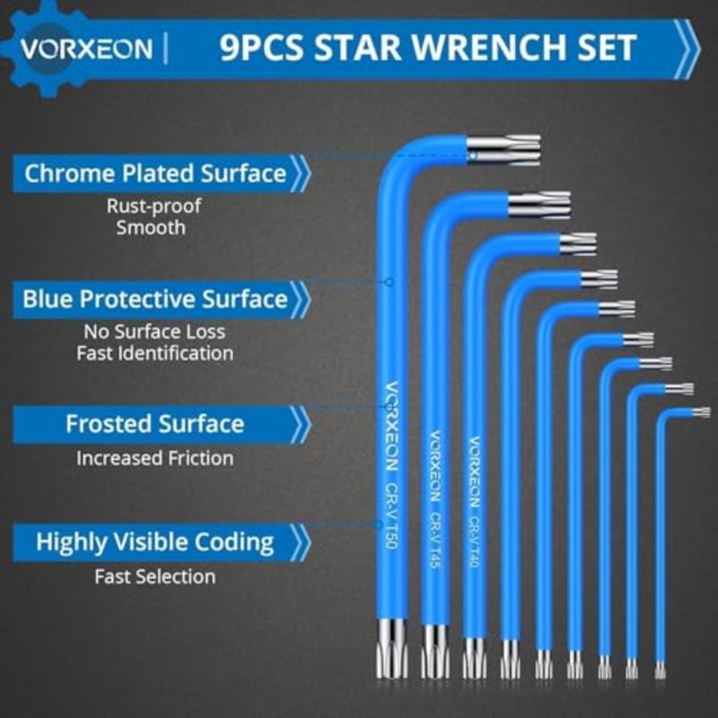 9PCS Star Wrench Key Set T10 to T50 Torx Wrenches Hex Keys With Visible Coding And Non-slip Coating, Long Arm Star Key With Hole for Auto Repair, Furniture Assembly, Household DIY - Image 4
