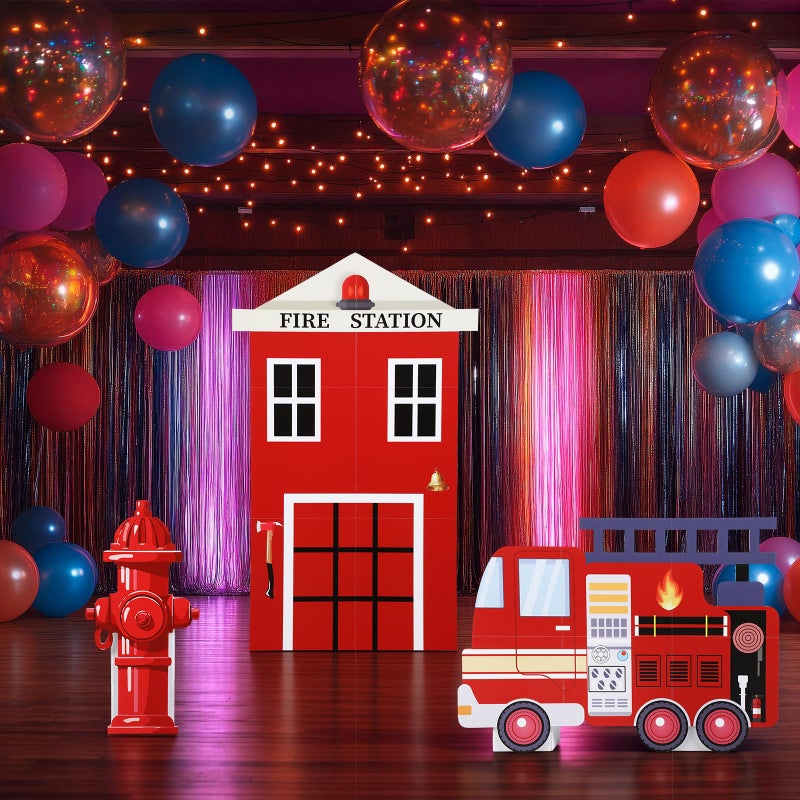 AceOrbit 3 Sets Firetruck Birthday Decorations Firefighter Party Decorations Large Fire Truck Party Supplies with Firetruck Hydrant Fire Station for Fireman Firefighter Birthday Favors Photo Backdrop - Image 4