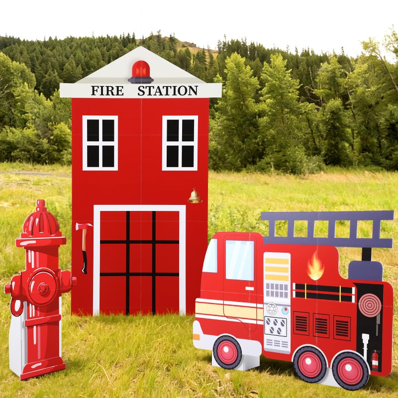 AceOrbit 3 Sets Firetruck Birthday Decorations Firefighter Party Decorations Large Fire Truck Party Supplies with Firetruck Hydrant Fire Station for Fireman Firefighter Birthday Favors Photo Backdrop - Image 1